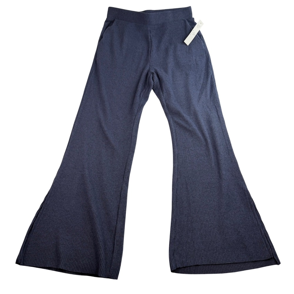 Theo & Spence Blue Ribbed Knit Wide Leg Lounge Pants Small High Rise Pockets